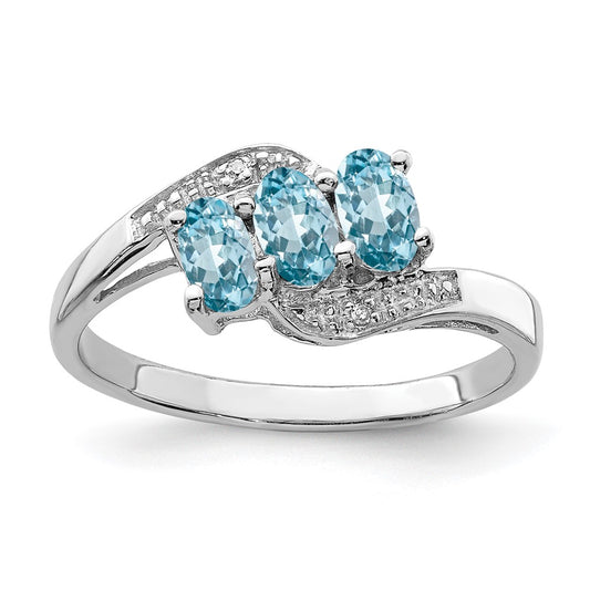 Sterling Silver Rhodium 3 Stone Light Swiss Blue Topaz & Diamond Ring