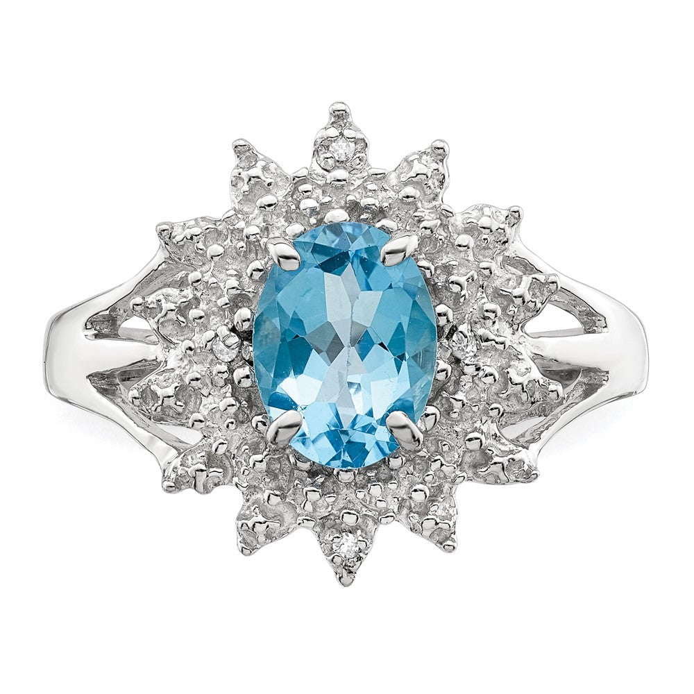 Sterling Silver Rhodium Light Swiss Blue Topaz & Diamond Ring