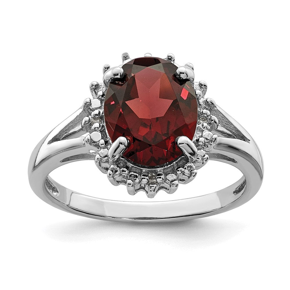 Sterling Silver Rhodium-plated Garnet & Diamond Ring