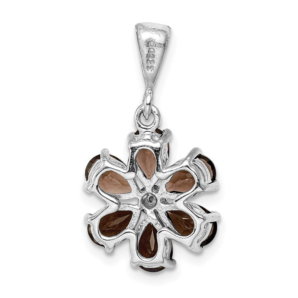 Sterling Silver Rhodium Smoky Qtz & Diamond Flower Pendant