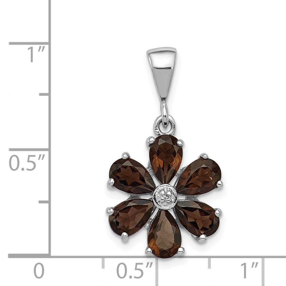 Sterling Silver Rhodium Smoky Qtz & Diamond Flower Pendant