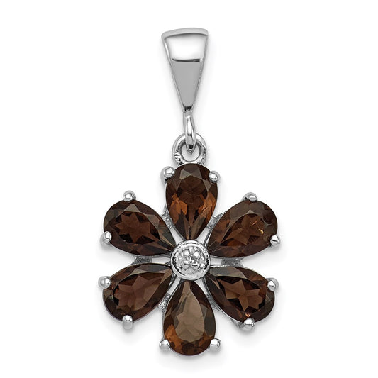 Sterling Silver Rhodium Smoky Qtz & Diamond Flower Pendant