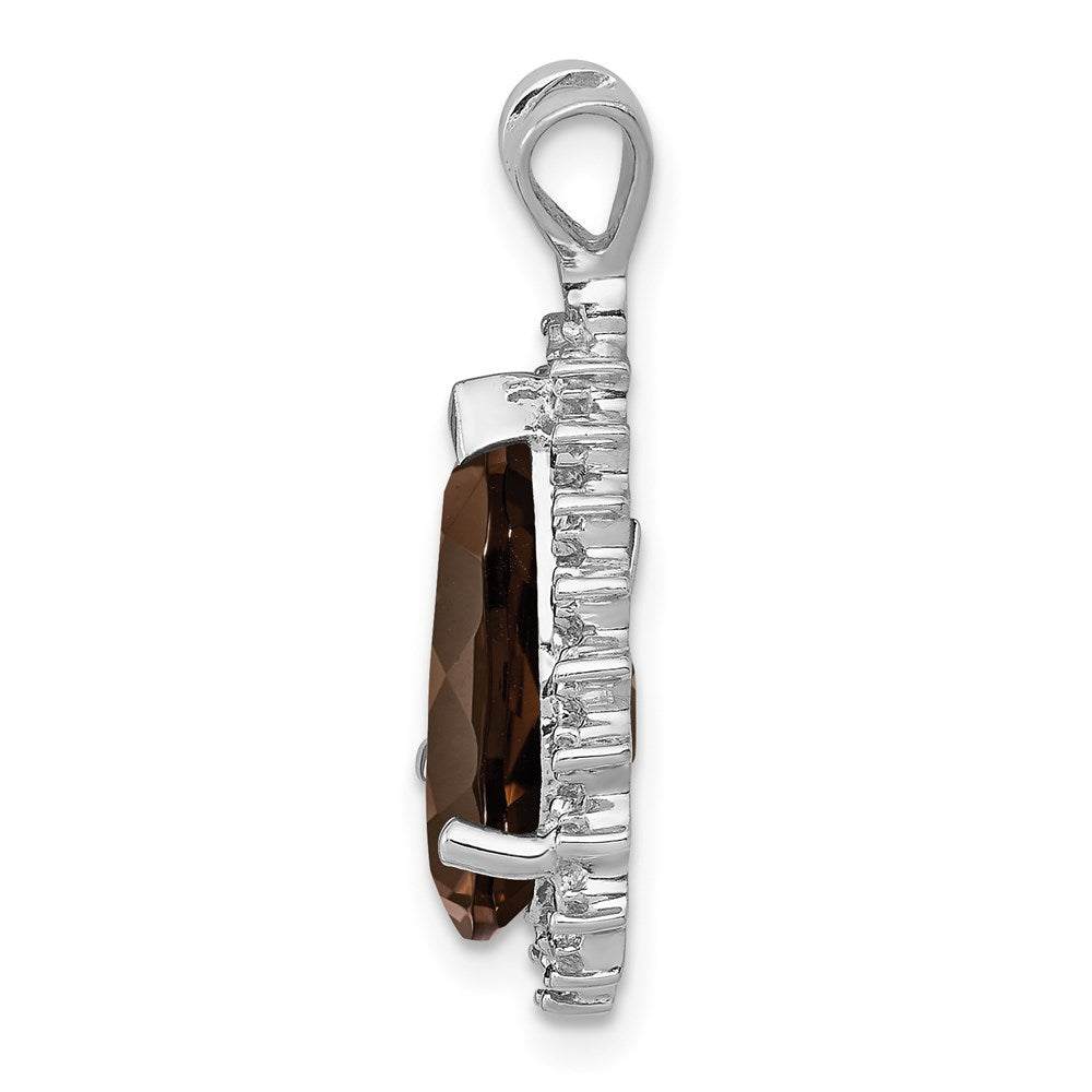 Sterling Silver Rhodium Plated Smoky Quartz and Diamond Pear Pendant