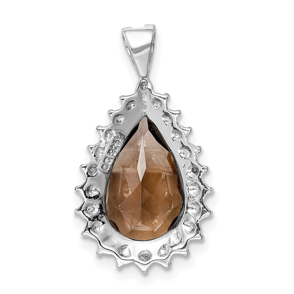 Sterling Silver Rhodium Plated Smoky Quartz and Diamond Pear Pendant