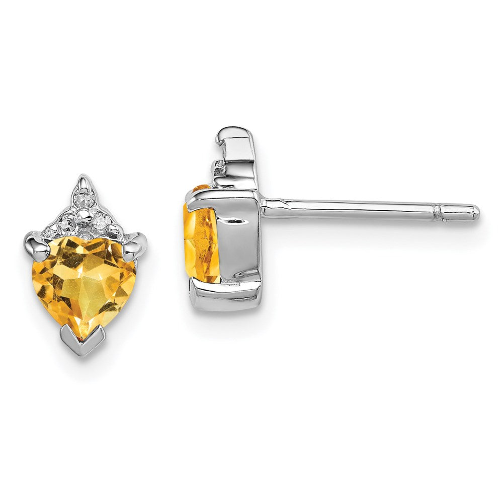 Sterling Silver Rhodium Heart Citrine & Diamond Post Earrings