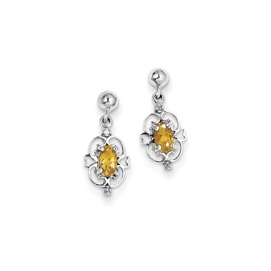 Sterling Silver Rhodium Citrine & Diamond Post Earrings