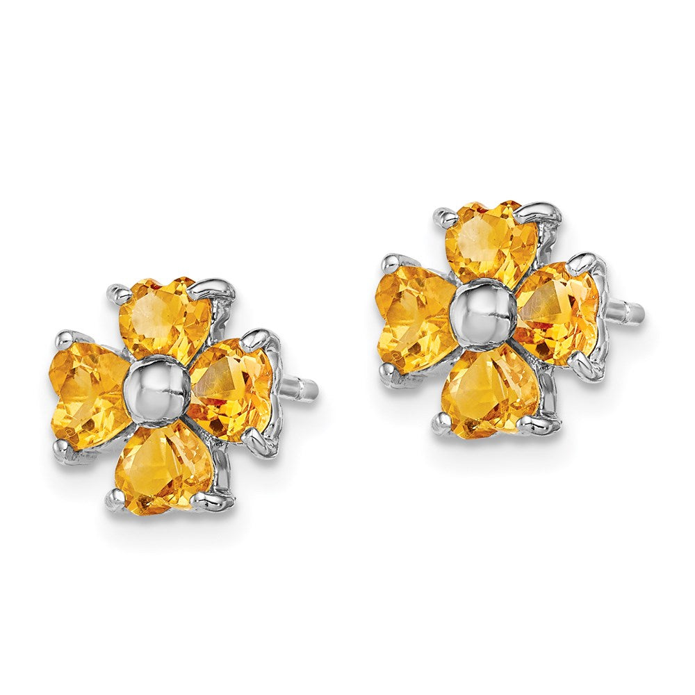 Sterling Silver Rhodium Plated Citrine Flower Post Earrings