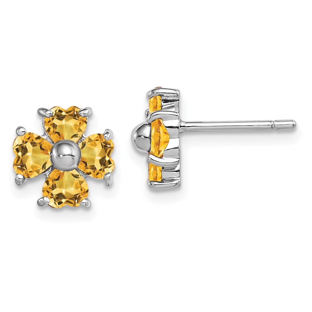 Sterling Silver Rhodium Plated Citrine Flower Post Earrings