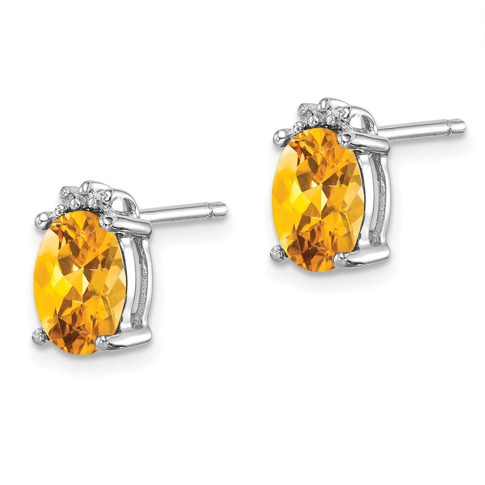 Sterling Silver Rhodium Oval Citrine & Diamond Post Earrings