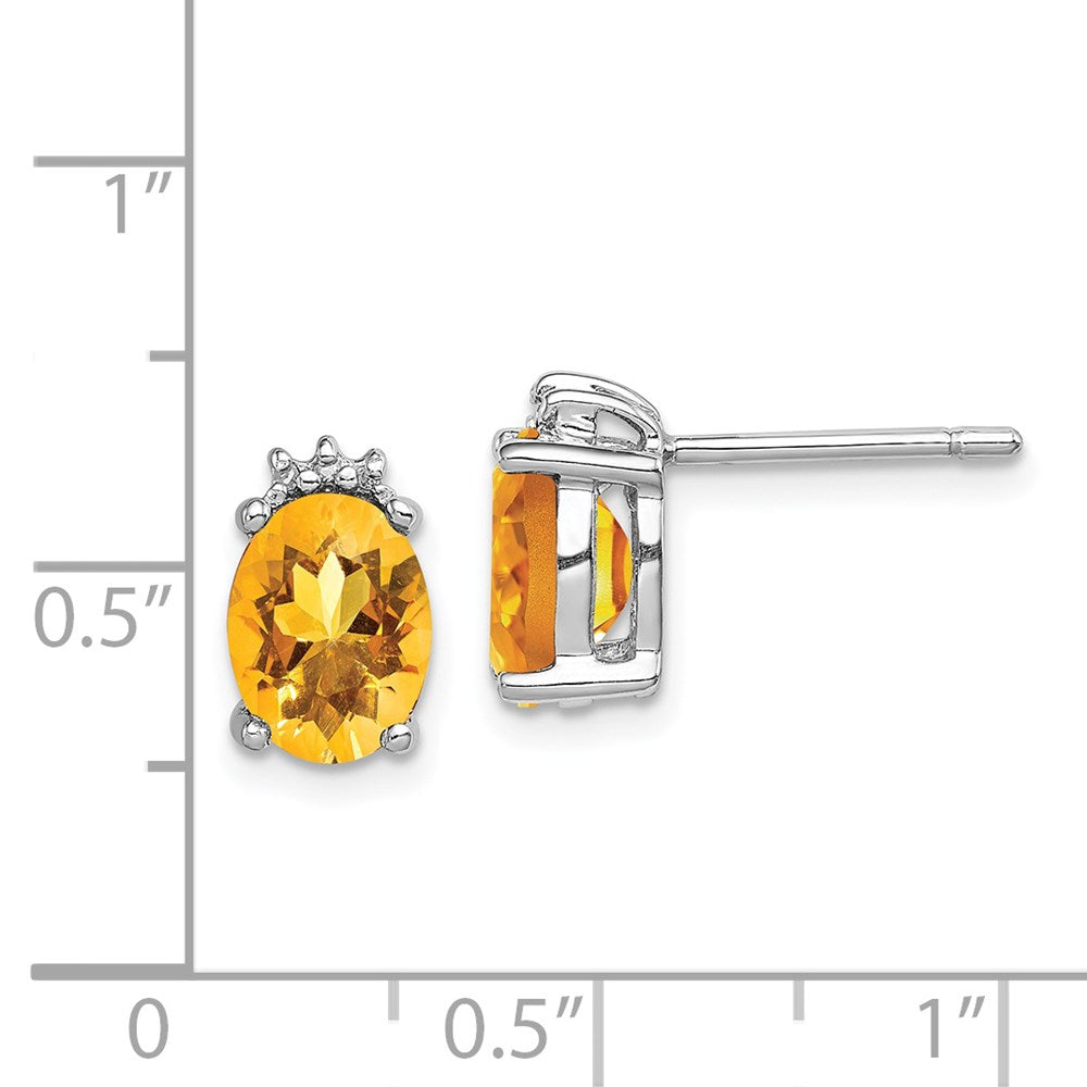 Sterling Silver Rhodium Oval Citrine & Diamond Post Earrings