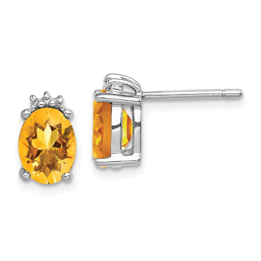 Sterling Silver Rhodium Oval Citrine & Diamond Post Earrings