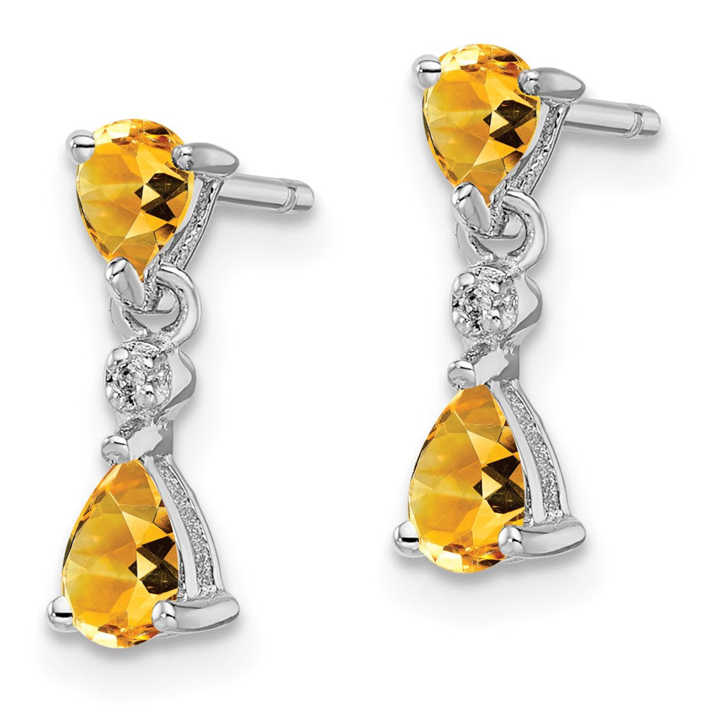 Sterling Silver Rhodium Pear Citrine & Diamond Post Earrings