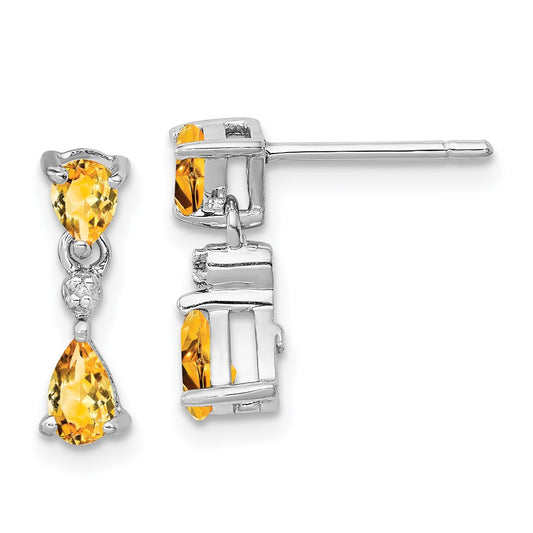 Sterling Silver Rhodium Pear Citrine & Diamond Post Earrings