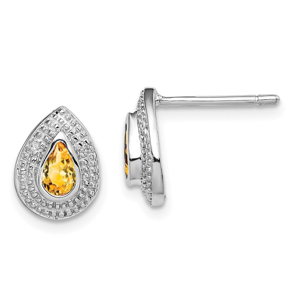 Sterling Silver Rhodium Citrine & Diamond Post Earrings