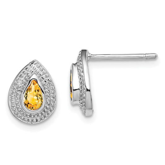 Sterling Silver Rhodium Citrine & Diamond Post Earrings