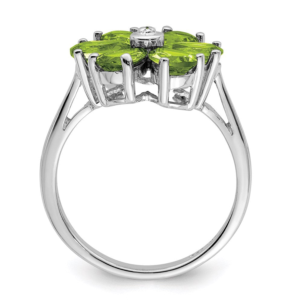 Sterling Silver Rhodium Peridot & Diamond Flower Ring