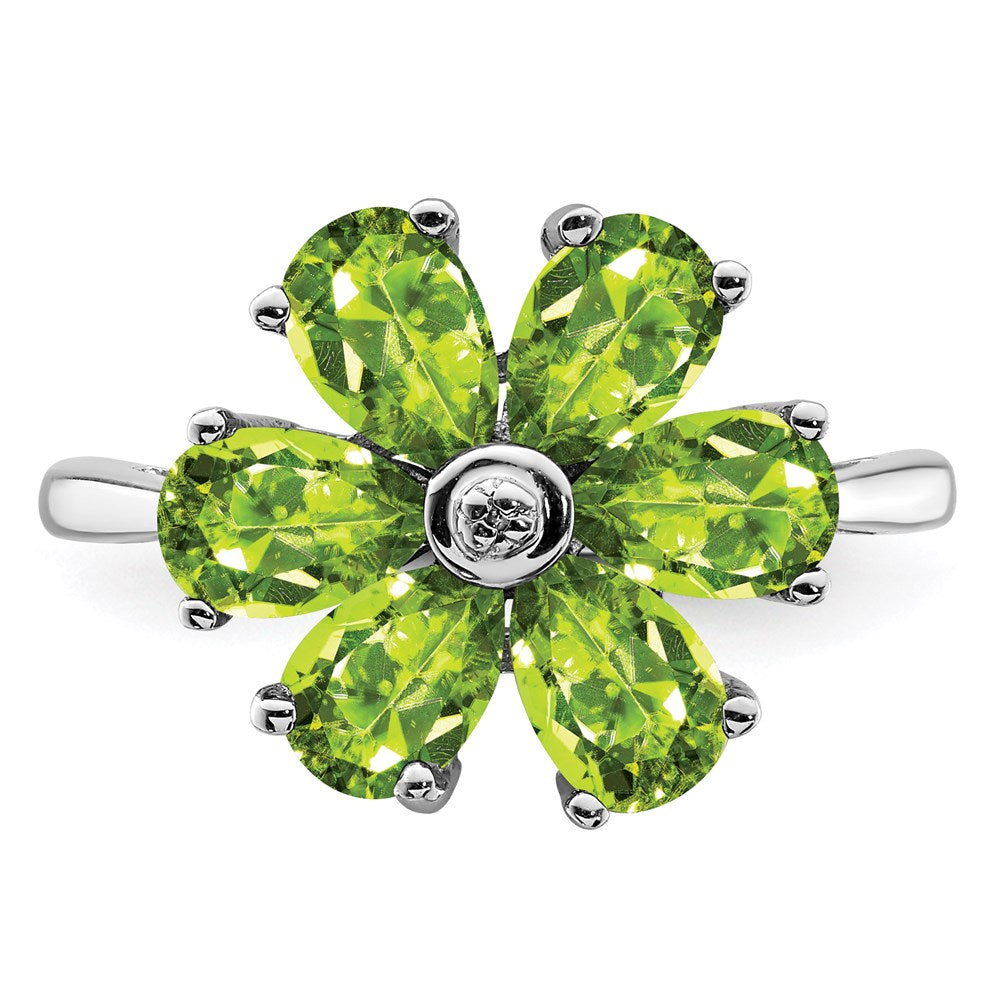 Sterling Silver Rhodium Peridot & Diamond Flower Ring