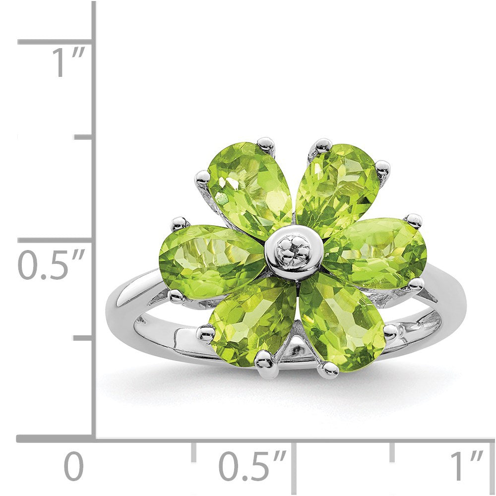 Sterling Silver Rhodium Peridot & Diamond Flower Ring