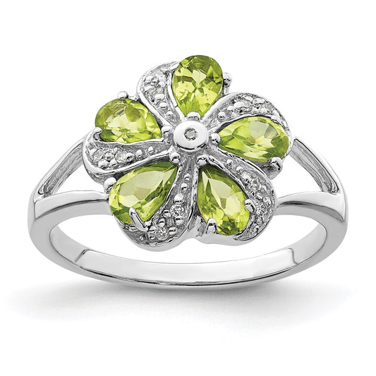 Sterling Silver Rhodium Peridot Diamond Ring