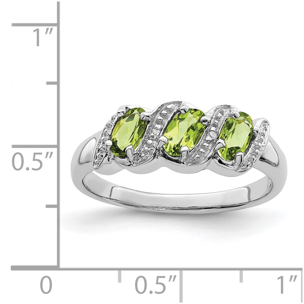 Sterling Silver Rhodium 3 Stone Peridot & Diamond Ring