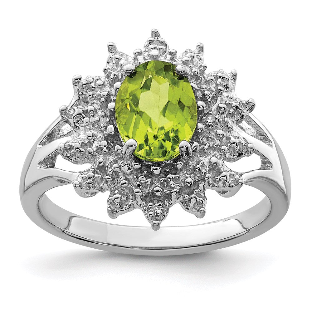 Sterling Silver Rhodium Peridot & Diamond Ring