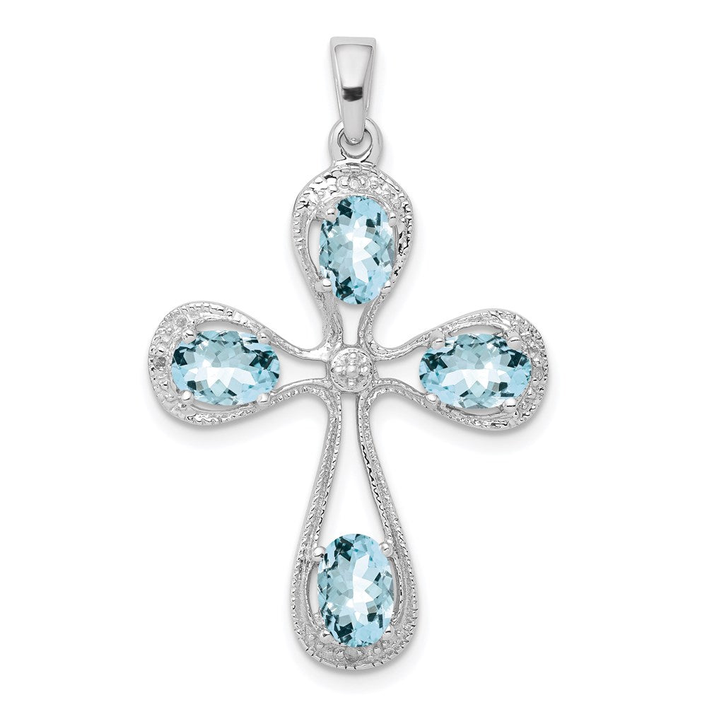 Sterling Silver Rhodium-plated Aquamarine & Diamond Cross Pendant