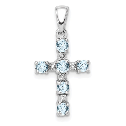 Sterling Silver Rhodium-plated Aquamarine & Diamond Accent Cross Pendant