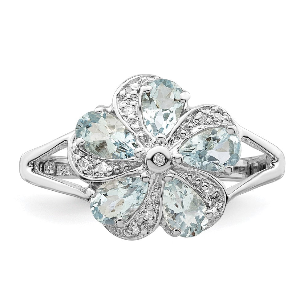 Sterling Silver Rhodium Aquamarine Diamond Ring