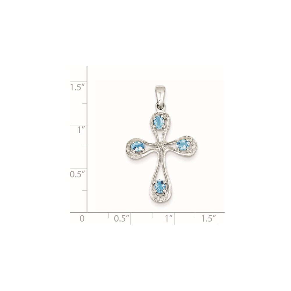 Sterling Silver Rhodium Lt Sw Blue Topaz Cross & Diamond Pendant