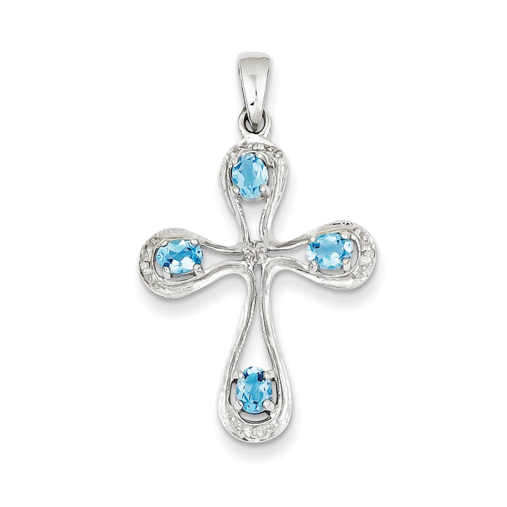 Sterling Silver Rhodium Lt Sw Blue Topaz Cross & Diamond Pendant