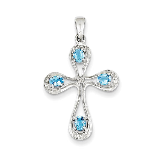 Sterling Silver Rhodium Lt Sw Blue Topaz Cross & Diamond Pendant