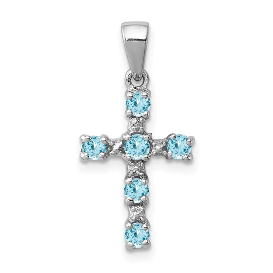 Sterling Silver Rhodium Lt Sw Blue Topaz Cross & Diamond Accent Pendant