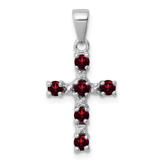 Sterling Silver Rhodium-plated Garnet & Diamond Accent Cross Pendant