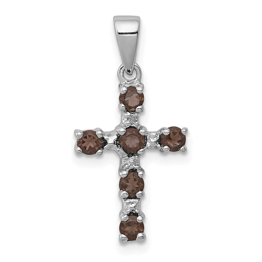 Sterling Silver Rhodium Smoky Quartz & Diamond Accent Cross Pendant