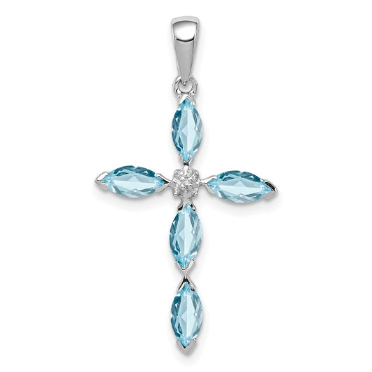 Sterling Silver Rhodium Lt Sw Blue Topaz Cross & Diamond Pendant