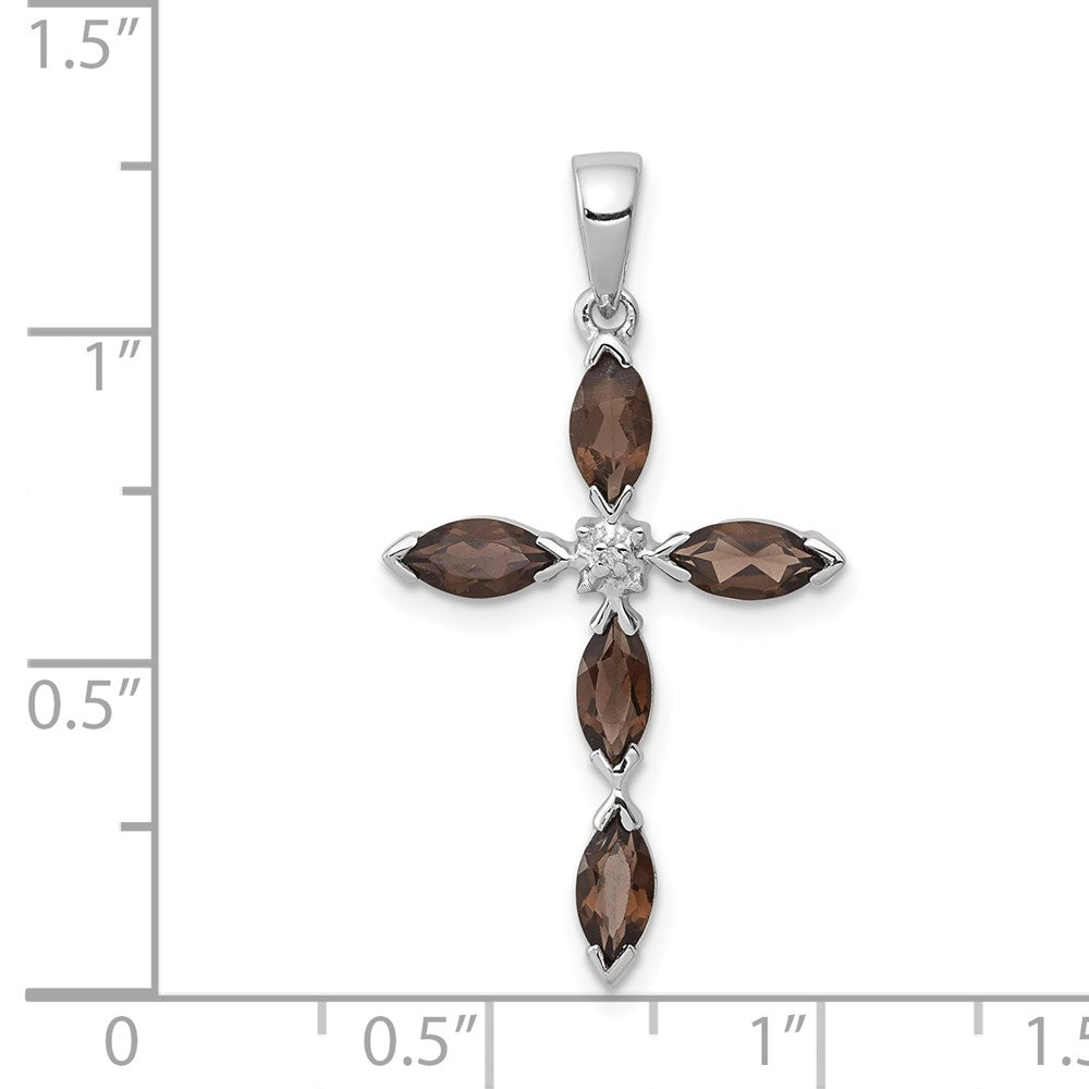 Sterling Silver Rhodium Smoky Quartz & Diamond Cross Pendant