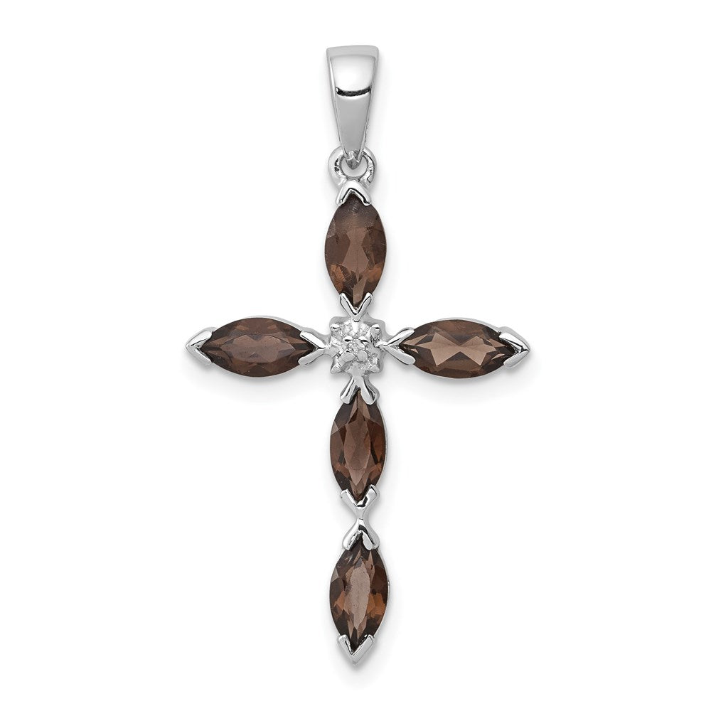 Sterling Silver Rhodium Smoky Quartz & Diamond Cross Pendant