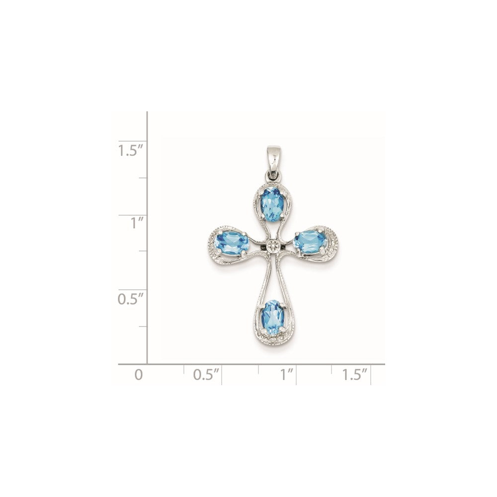 Sterling Silver Rhodium Lt Sw Blue Topaz Cross & Diamond Pendant