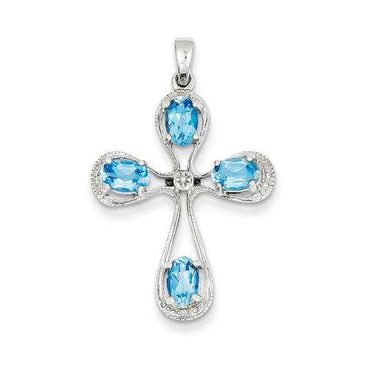 Sterling Silver Rhodium Lt Sw Blue Topaz Cross & Diamond Pendant