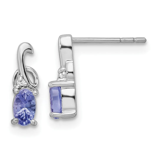 Sterling Silver Rhodium Plated Diamond Tanzanite Oval Post Earrings