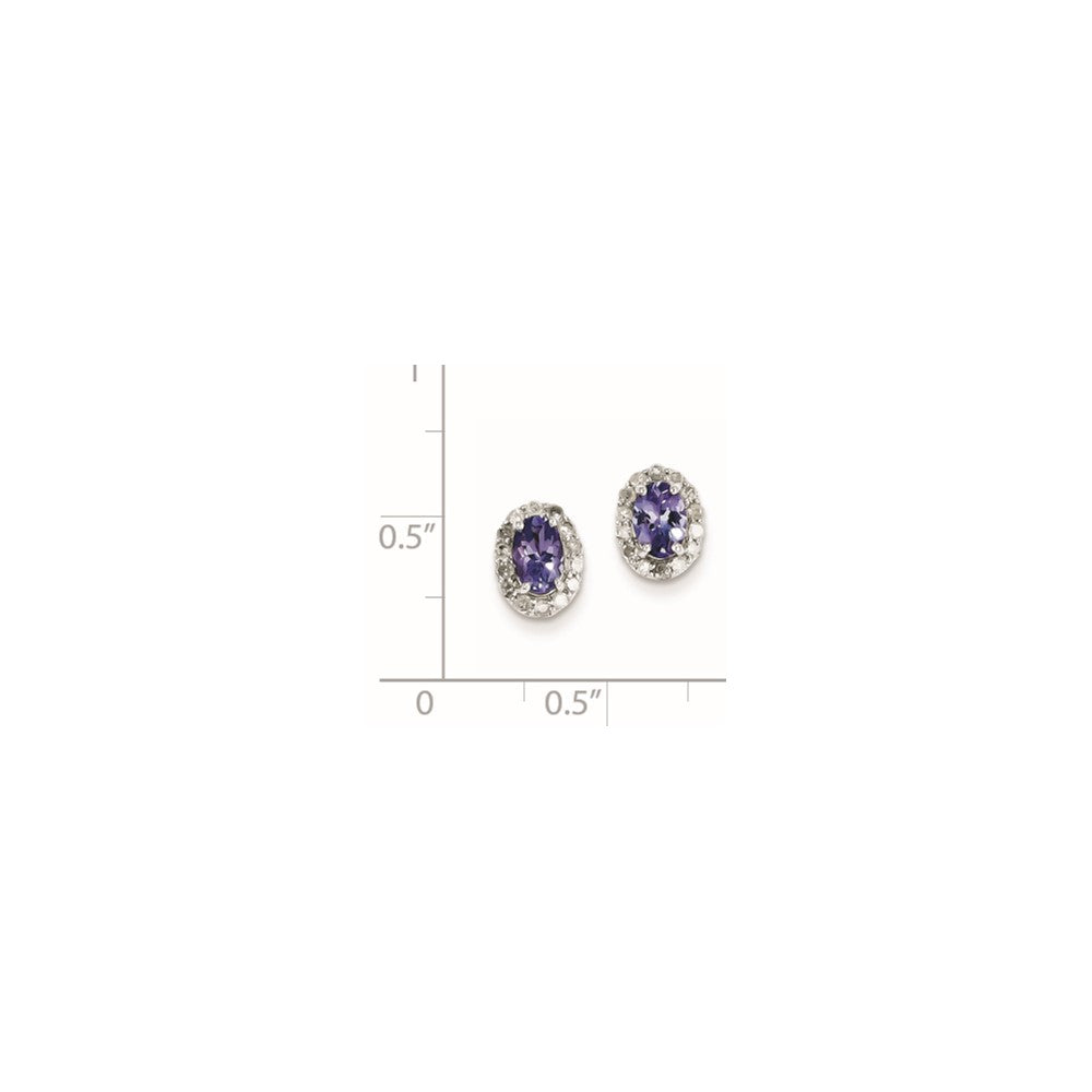 Sterling Silver Rhodium Plated Diamond & Tanzanite Oval Post Earrings