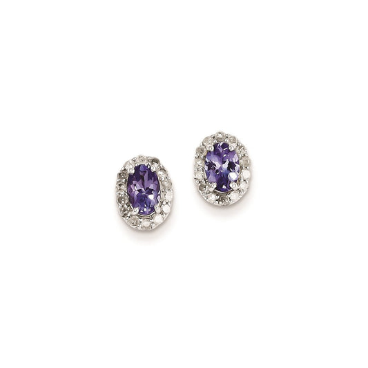 Sterling Silver Rhodium Plated Diamond & Tanzanite Oval Post Earrings