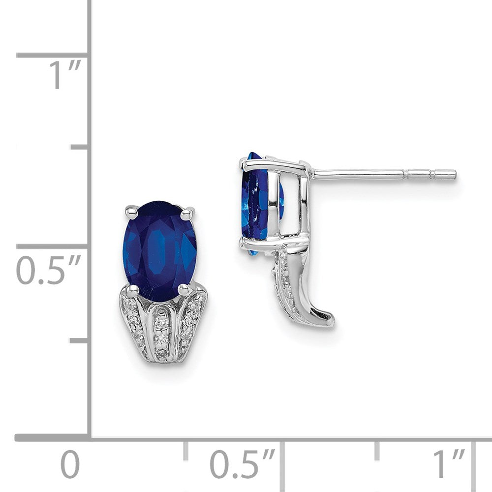 Sterling Silver Rhodium Plated Diamond & Sapphire Oval Post Earrings