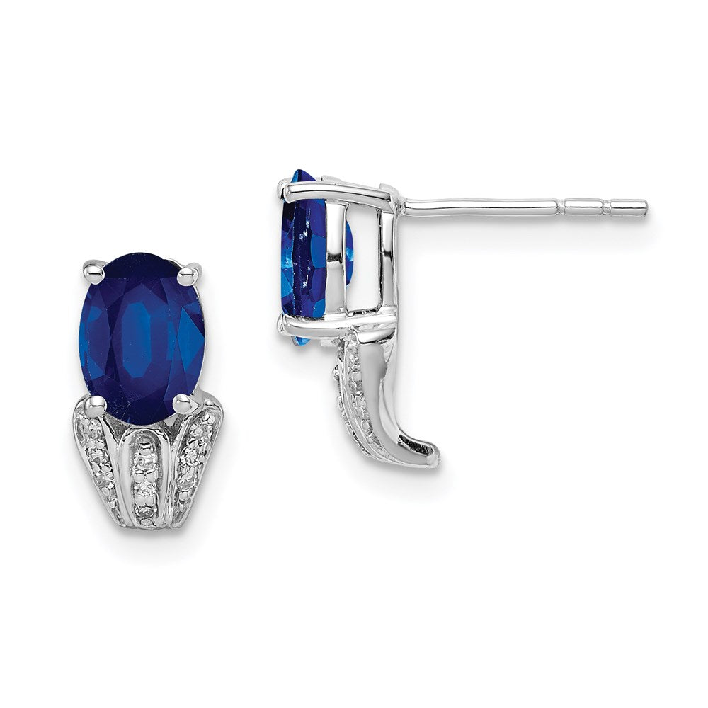 Sterling Silver Rhodium Plated Diamond & Sapphire Oval Post Earrings