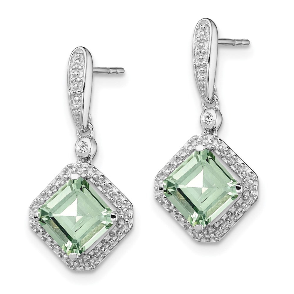 Sterling Silver Rhodium Diamond & Green Quartz Post Dangle Earrings