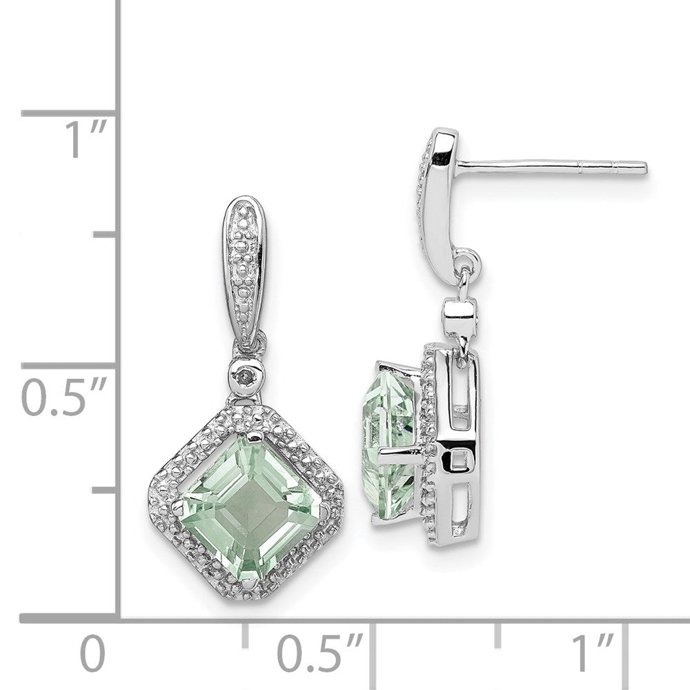 Sterling Silver Rhodium Diamond & Green Quartz Post Dangle Earrings