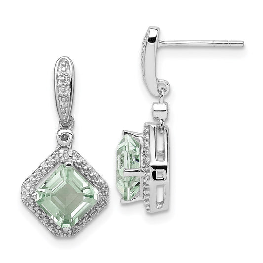 Sterling Silver Rhodium Diamond & Green Quartz Post Dangle Earrings