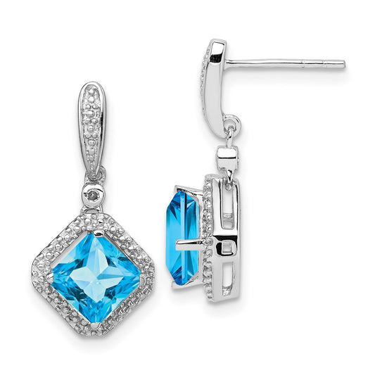 Sterling Silver Rhodium Diamond & Light Swiss Blue Topaz Post Earrings