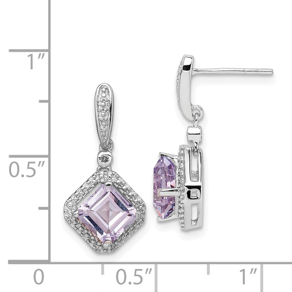 Sterling Silver Rhodium Diamond & Pink Quartz Post Dangle Earrings