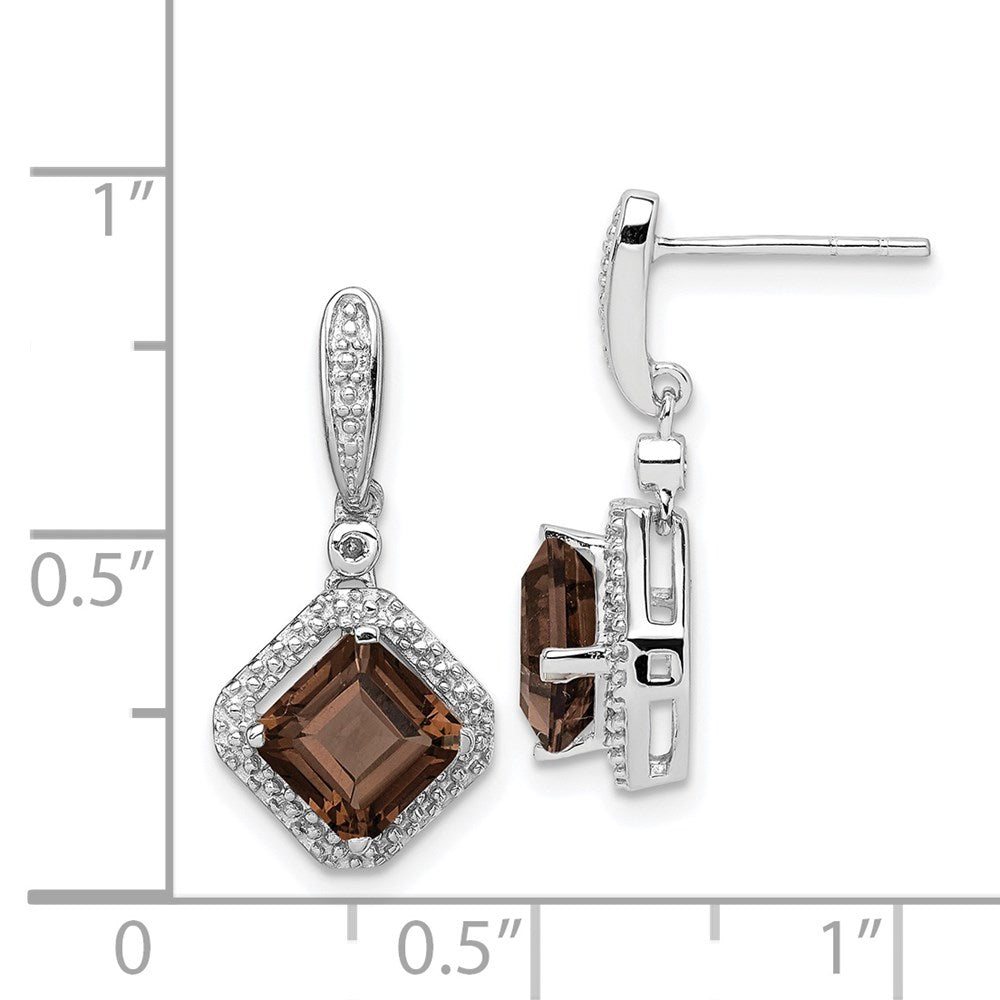 Sterling Silver Rhodium Diamond & Smoky Quartz Post Dangle Earrings